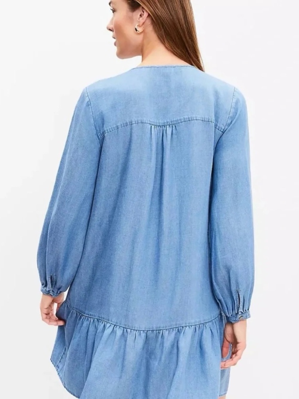 NWT LOFT Chambray Button Down Long Sleeve Flounce Dress Denim - Picture 3 of 8
